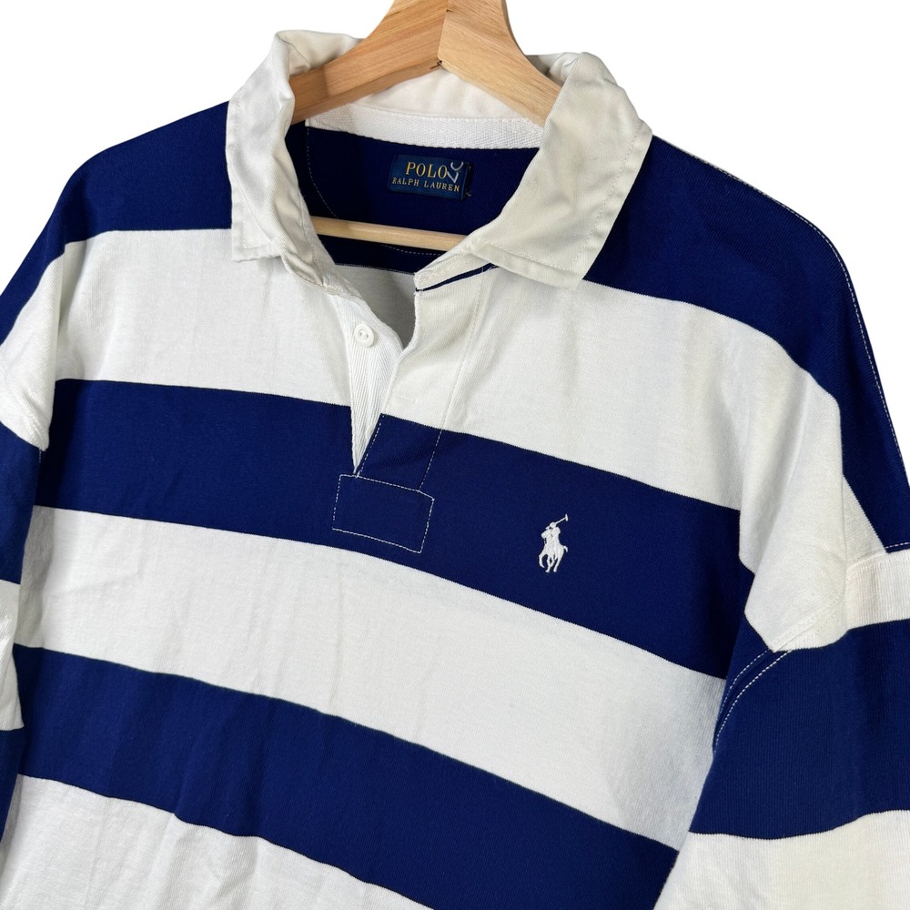 Polo Ralph Lauren Varsity Stripe Rugby Top Navy White Cropped Long Sleeve Shirt